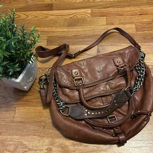 Sabina Fold Over Chain Metal Leather Brown Crossbody Boho Purse Bag Retro